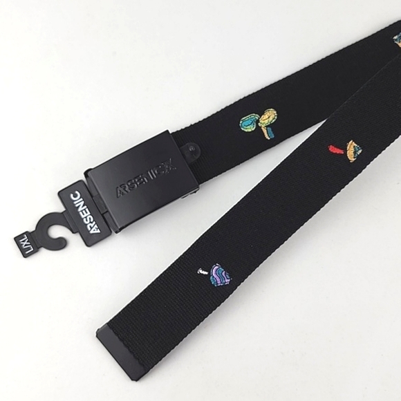 Arsenic Men's Black Web Belt Multi Colour Mushroom Embellishments Size  L/XL - Picture 8 of 9
